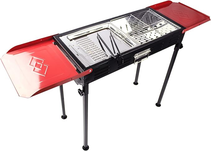 Stainless Steel Charcoal BBQ Grill – Large Black Foldable Barbecue Stand with Side Shelf & Storage Basket, Portable Grill for Camping, Picnic, Backyard, Travel & Outdoor Cooking (68x66.5x30 CM)