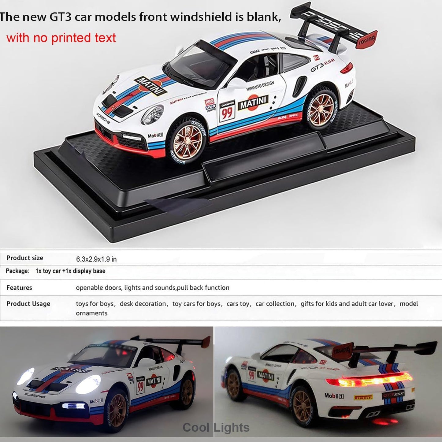 سيارات سباق رياضية بورش 911 GT3 RS RSR Turbo S بمقياس 1:24، سيارة سحب للخلف مزودة بإضاءة وصوت، مناسبة للأولاد من سن 4 إلى 7 سنوات