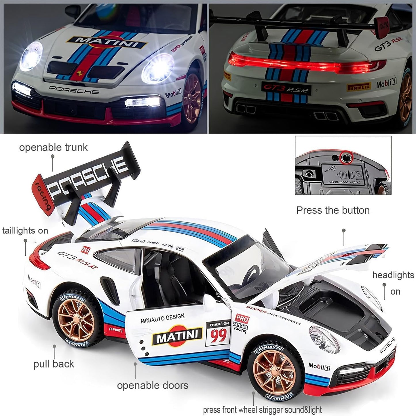 سيارات سباق رياضية بورش 911 GT3 RS RSR Turbo S بمقياس 1:24، سيارة سحب للخلف مزودة بإضاءة وصوت، مناسبة للأولاد من سن 4 إلى 7 سنوات