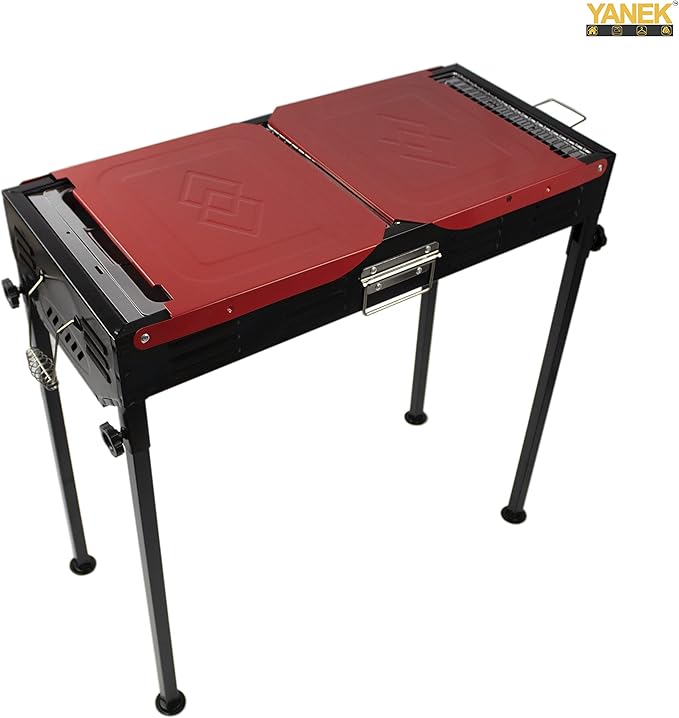 Stainless Steel Charcoal BBQ Grill – Large Black Foldable Barbecue Stand with Side Shelf & Storage Basket, Portable Grill for Camping, Picnic, Backyard, Travel & Outdoor Cooking (68x66.5x30 CM)