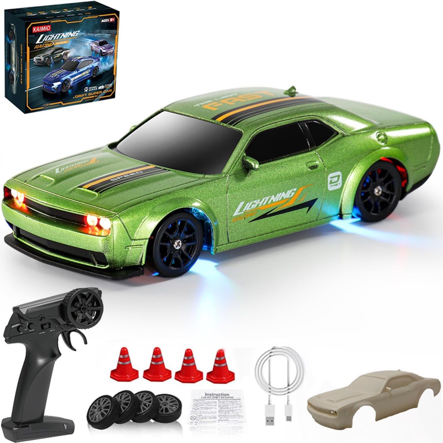Haizol Dodge Charger Mini RC Drift Car 1:43 Scale with Gyro Full Proportional RTR 2.4Ghz Remote Control with RGB Lights