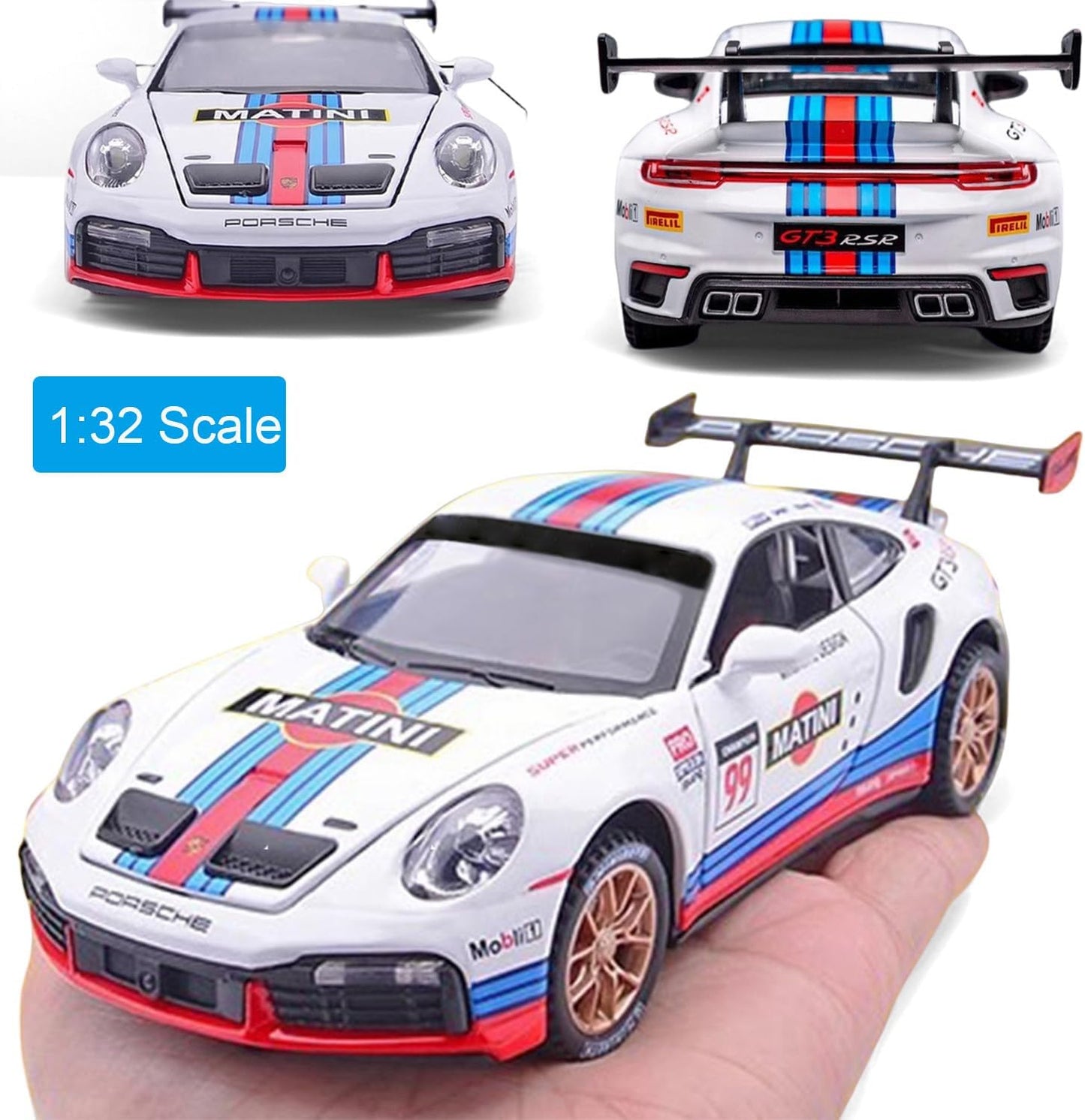 سيارات سباق رياضية بورش 911 GT3 RS RSR Turbo S بمقياس 1:24، سيارة سحب للخلف مزودة بإضاءة وصوت، مناسبة للأولاد من سن 4 إلى 7 سنوات