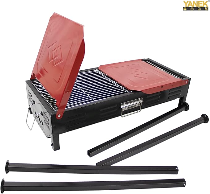 Stainless Steel Charcoal BBQ Grill – Large Black Foldable Barbecue Stand with Side Shelf & Storage Basket, Portable Grill for Camping, Picnic, Backyard, Travel & Outdoor Cooking (68x66.5x30 CM)