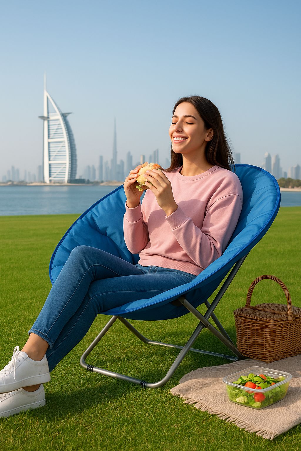 Moon Chair, Foldable Steel Frame, Wide Seat, Blue