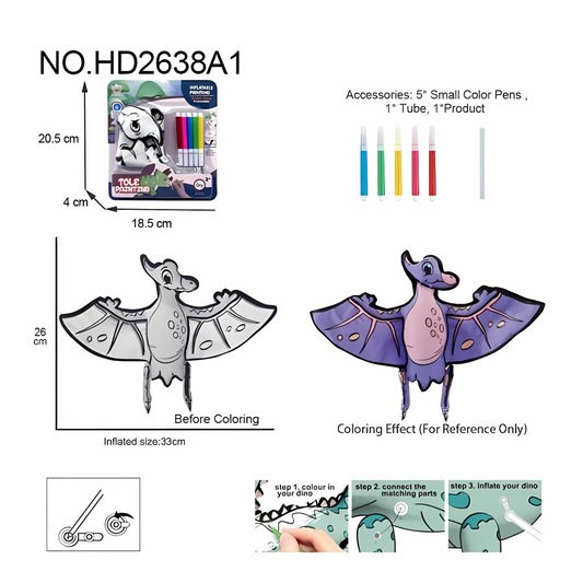 Dinosaur Shape Inflatable Drawing Balloon Kit for Kids DIY Hand Drawn Pterosaur Toy with Coloring Pens Customizable Party Kit