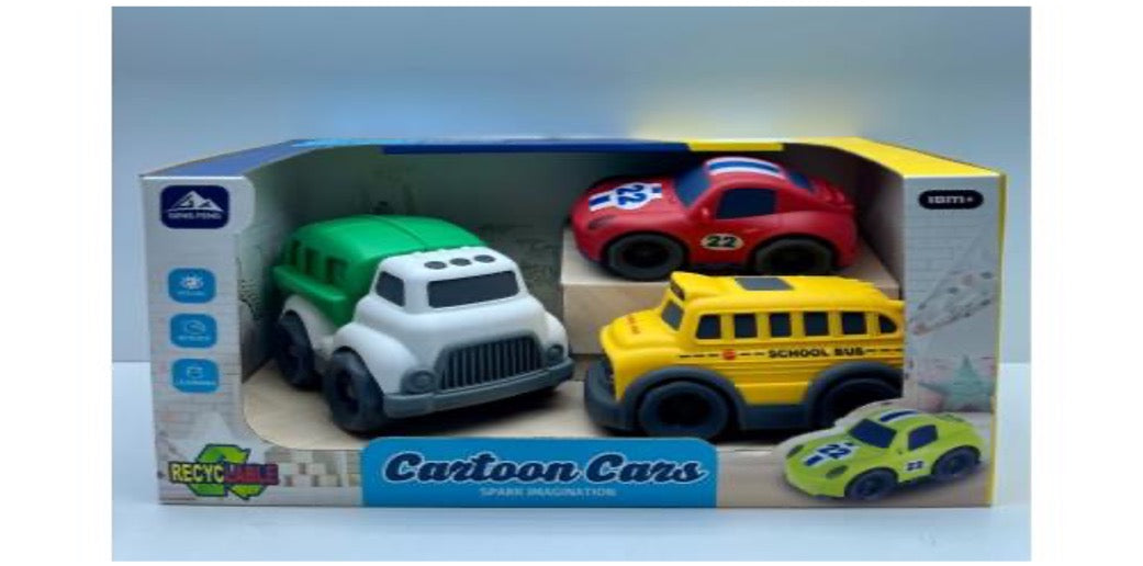 Haizol 3-piece set Toddler play (sanitation truck, school bus, Porsche sports car) Environmentally Friendly Cartoon Sliding Helicopter Aircraft Airplane Toys for Kids Babys Educational Toys