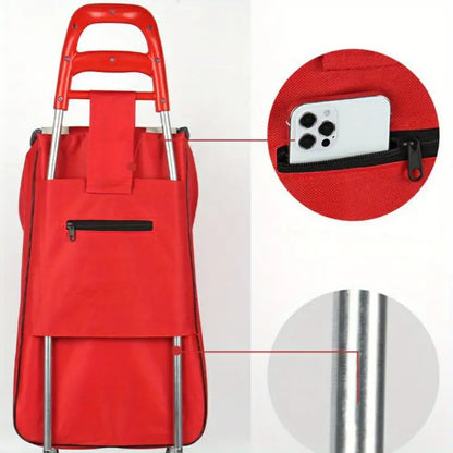 Folding Shopping Cart with Handle, Home Use, Oxford Fabric, Stainless Steel Frame, Outdoor Hand Trolley, Travel Accessory, Camping & Hiking Gear