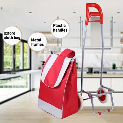 Folding Shopping Cart with Handle, Home Use, Oxford Fabric, Stainless Steel Frame, Outdoor Hand Trolley, Travel Accessory, Camping & Hiking Gear