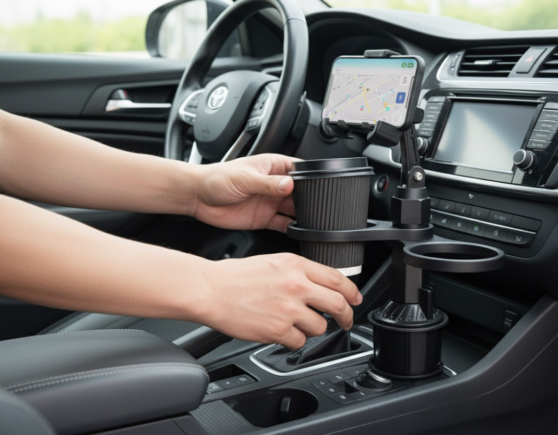 Adjustable Car Cup Holder Phone Mount with Dual Cup Holders – 360° Rotating Automotive