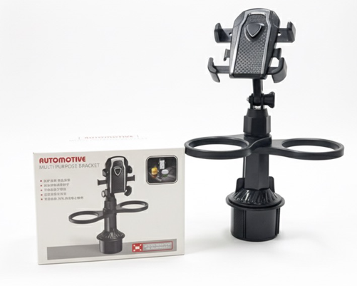Adjustable Car Cup Holder Phone Mount with Dual Cup Holders – 360° Rotating Automotive