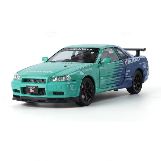 1:24 Nissan GTR Skyline Diecast Metal Pull Back Car with Openable Doors with Sound and Light Toy Decoration car Best Gift Toys for Kids Colors as Per Stock