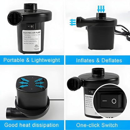 Portable Electric Air Pump for Inflatables – AC/DC High-Pressure Air Mattress Pump – Fast Inflator & Deflator for Pool Floats, Boats, Rafts, Beds, Camping Gear