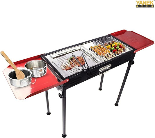 Stainless Steel Charcoal BBQ Grill – Large Black Foldable Barbecue Stand with Side Shelf & Storage Basket, Portable Grill for Camping, Picnic, Backyard, Travel & Outdoor Cooking (68x66.5x30 CM)