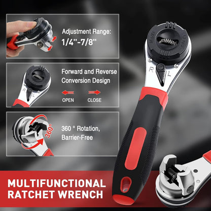 Multifunctional Universal Ratcheting Wrench, Adjustable Ratchet Wrench for 1/4-7/8 Inch Screw Anti-Rust Universal Adjustable Socket Wrench Ratcheting Set With No-slip Handle Manual Sleeve Repair Tool