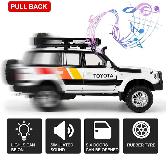 Land Cruiser LC80 1:24 Model Car, Pull Back Diecast Collectible Car with Sounds＆Lights for Kids Boys Girls and Adults, Gift White