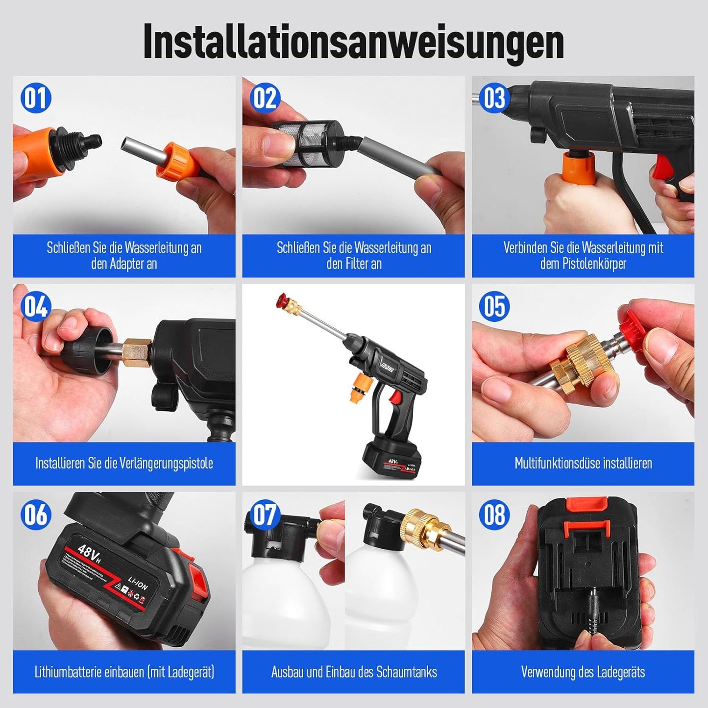 Dual battery Cordless Pressure Washer, 68V Li-ion Battery, 35cm Spray Lance, Portable Water Gun with Foam Bottle and Accessories