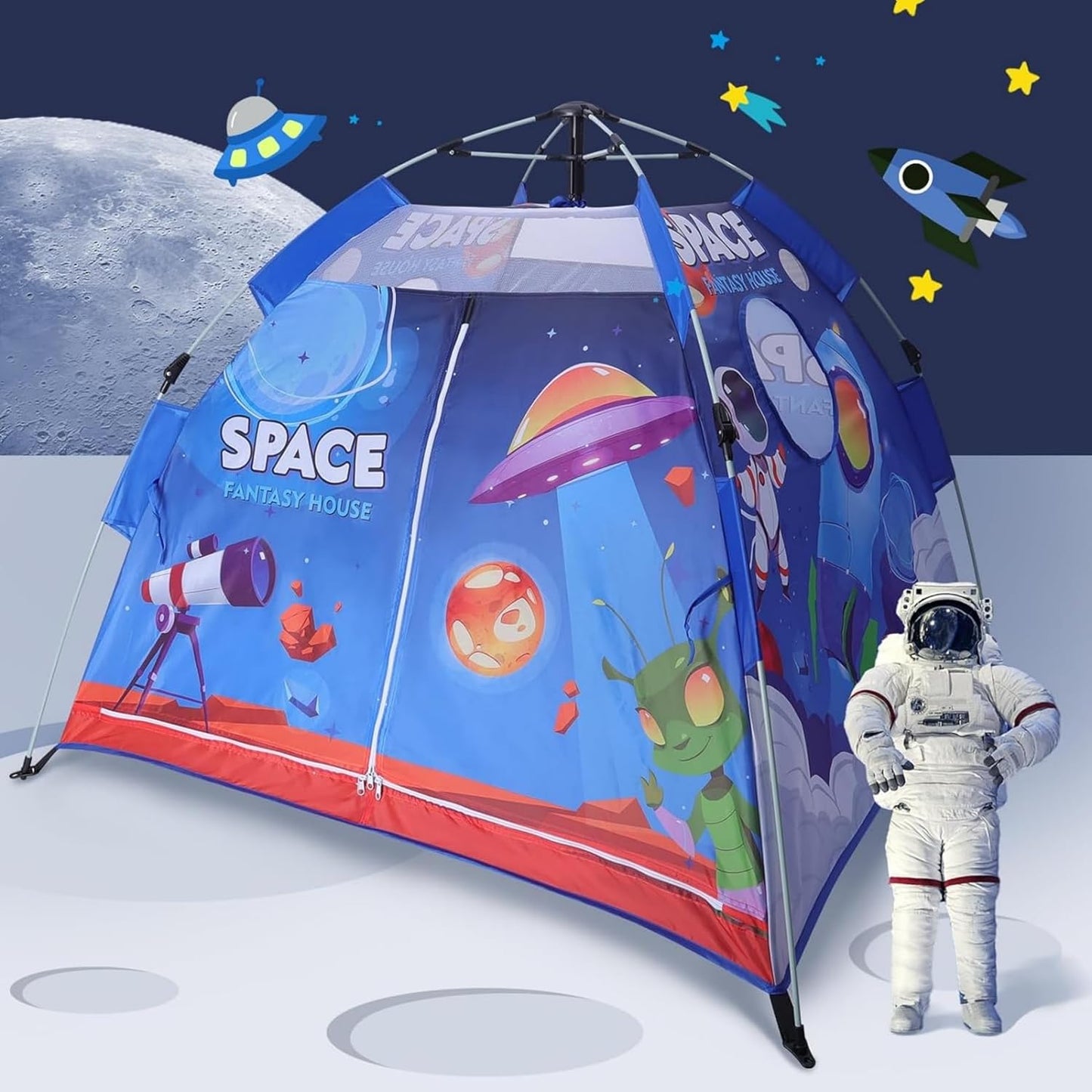 Kids Space Theme Play Tent, Easy Set Up Spaceship Playhouse for Boys and Girls Indoor Outdoor, 51.2" L × 51.2" W × 47.2" H