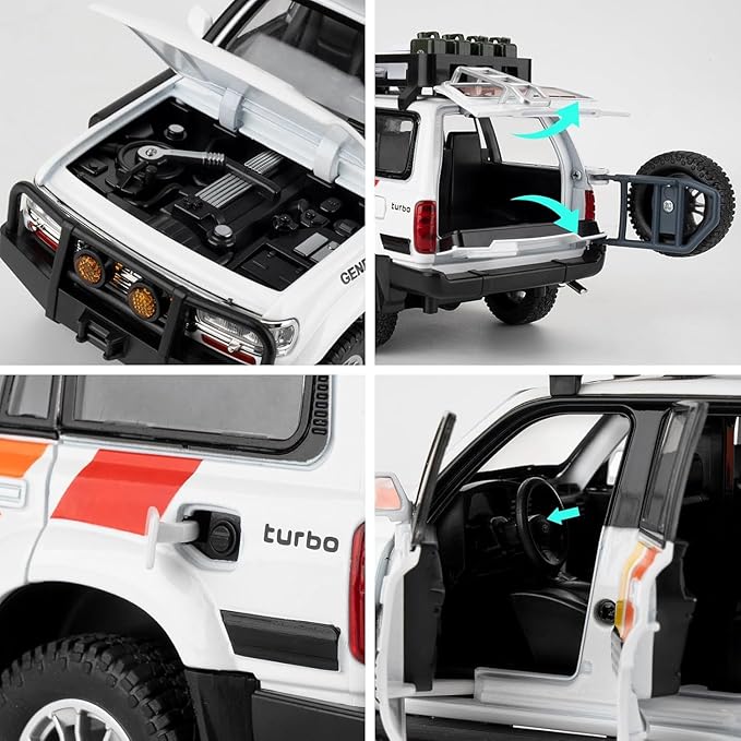 Land Cruiser LC80 1:24 Model Car, Pull Back Diecast Collectible Car with Sounds＆Lights for Kids Boys Girls and Adults, Gift White