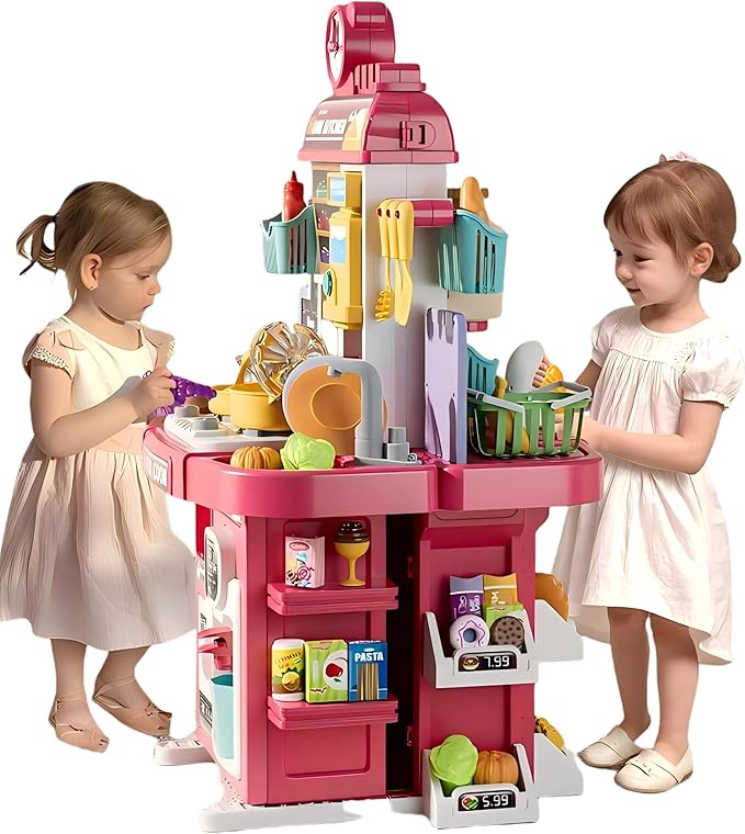 Kids Kitchen Playset 2 in 1,Cooking and Surpermarket Pretend Play Interactive Station with Sink, Water, Steam, Sound, Accessories (83 Pcs) - For Kids Toddlers 3-5