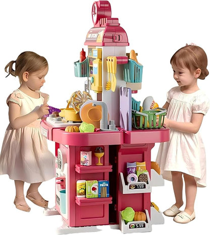 Kids Kitchen Playset 2 in 1,Cooking and Surpermarket Pretend Play Interactive Station with Sink, Water, Steam, Sound, Accessories (83 Pcs) - For Kids Toddlers 3-5