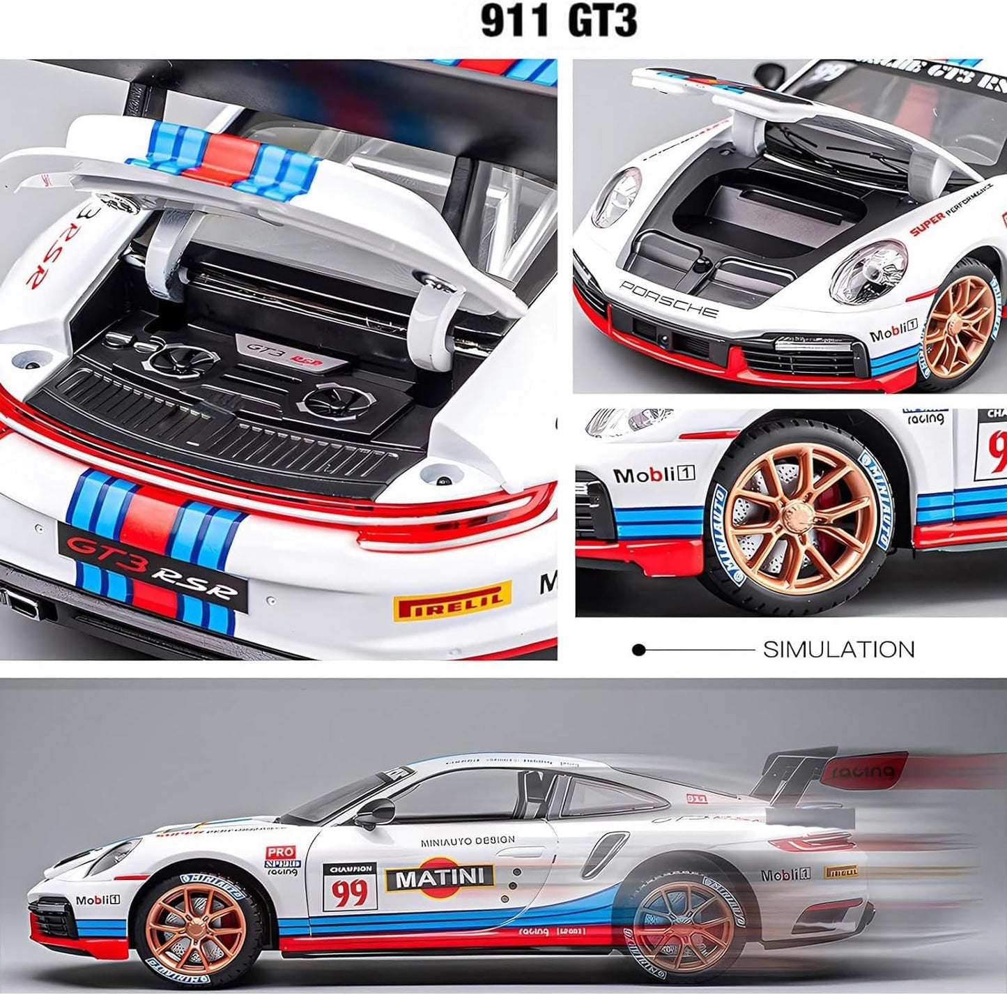 سيارات سباق رياضية بورش 911 GT3 RS RSR Turbo S بمقياس 1:24، سيارة سحب للخلف مزودة بإضاءة وصوت، مناسبة للأولاد من سن 4 إلى 7 سنوات 