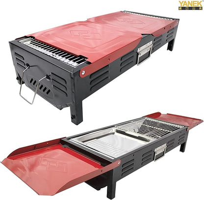 Stainless Steel Charcoal BBQ Grill – Large Black Foldable Barbecue Stand with Side Shelf & Storage Basket, Portable Grill for Camping, Picnic, Backyard, Travel & Outdoor Cooking (68x66.5x30 CM)