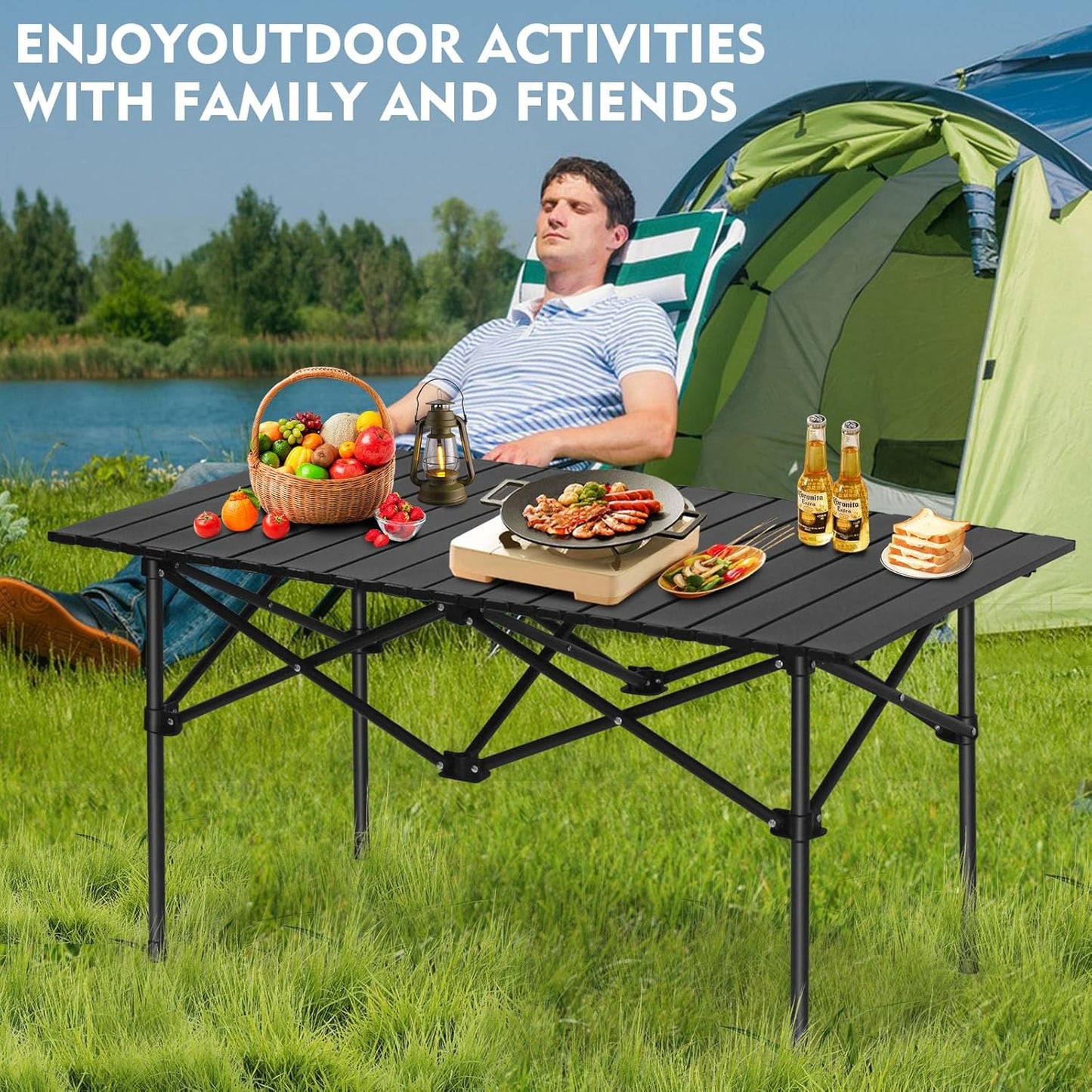 Outdoor Camping Folding Table，Lightweight Folding Table with Aluminum Table Top and Carry Bag, Easy to Carry, Perfect for Outdoor, Picnic, Cooking, Beach, Hiking, Fishing（95×57×50cm）