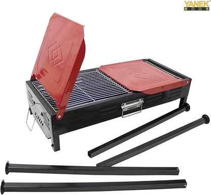 Stainless Steel Charcoal BBQ Grill – Large Black Foldable Barbecue Stand with Side Shelf & Storage Basket, Portable Grill for Camping, Picnic, Backyard, Travel & Outdoor Cooking (68x66.5x30 CM)