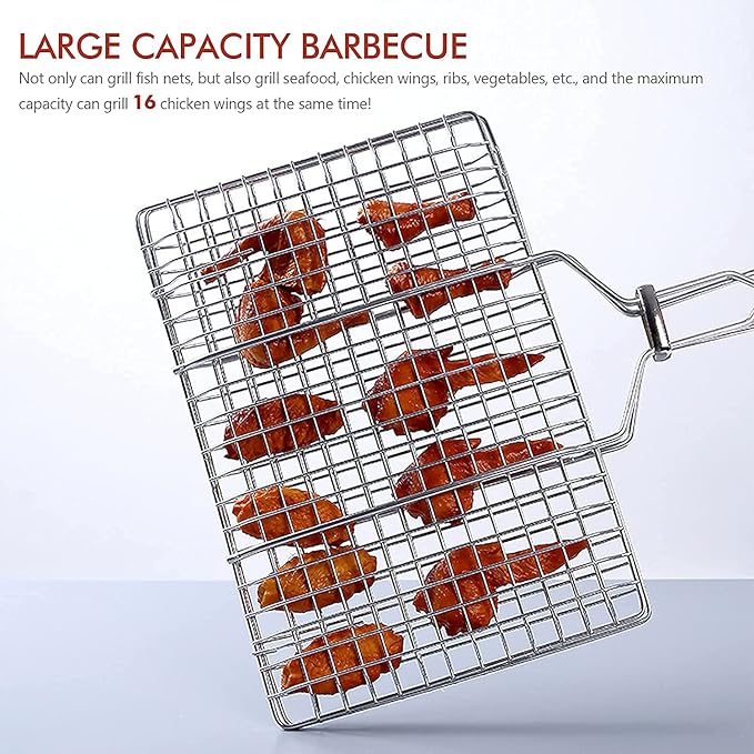 BBQ Grill Basket, Fish Grill Basket with Handle- Stainless Steel Grilling Basket with Removable Handle - Perfect for Fish, Meat, Chicken, Vegetables, Steak, Shrimp and More