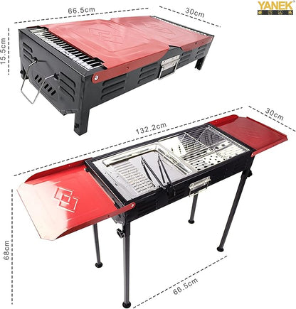 Stainless Steel Charcoal BBQ Grill – Large Black Foldable Barbecue Stand with Side Shelf & Storage Basket, Portable Grill for Camping, Picnic, Backyard, Travel & Outdoor Cooking (68x66.5x30 CM)