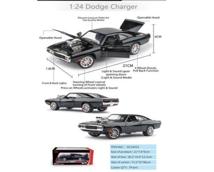 سيارة دودج تشارجر فاست آند فيوريوس 7 بمقياس 1:24، أبواب معدنية قابلة للفتح، أضواء وامضة وموسيقى