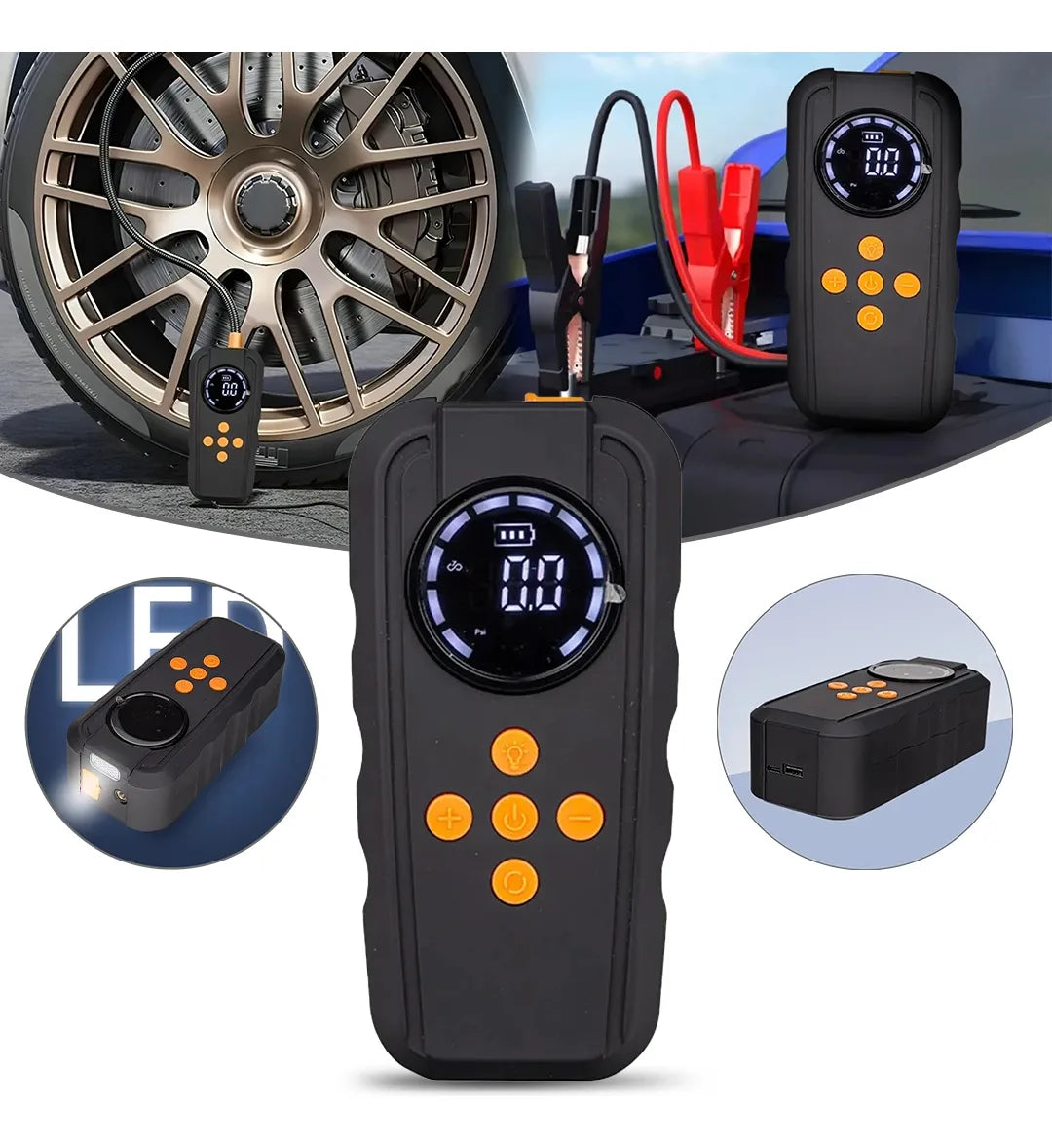 HiMK CM-315 Portable Car Jump Starter With Air Compressor, Emergency Power Bank & LED
