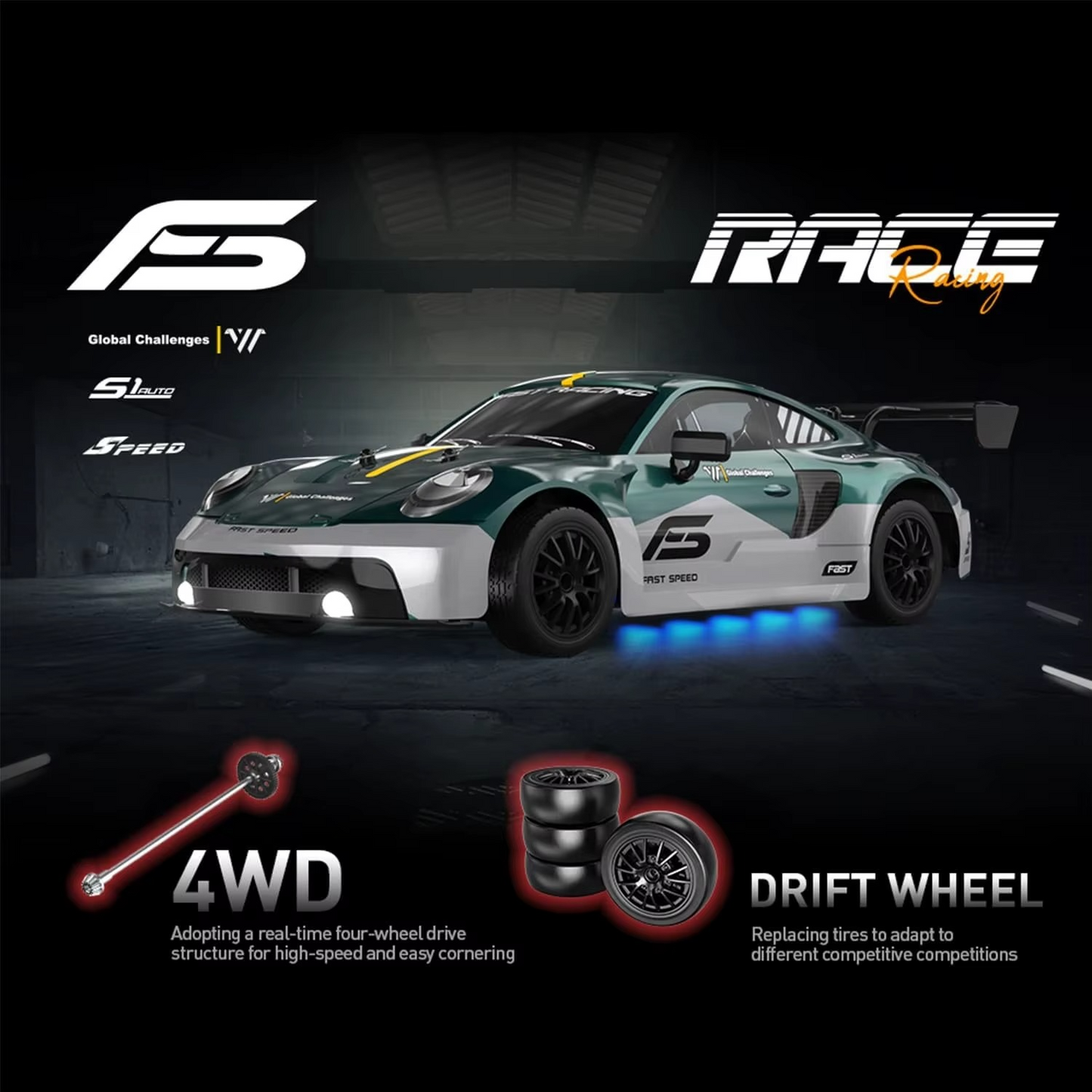 Haizol RC Drift Car 4WD 30+KM/H Full Proportional High Speed RC Car RTR with LED Lights and Drifting Tires Racing Sport Toy for Adults Boys Girls Kids(Green)