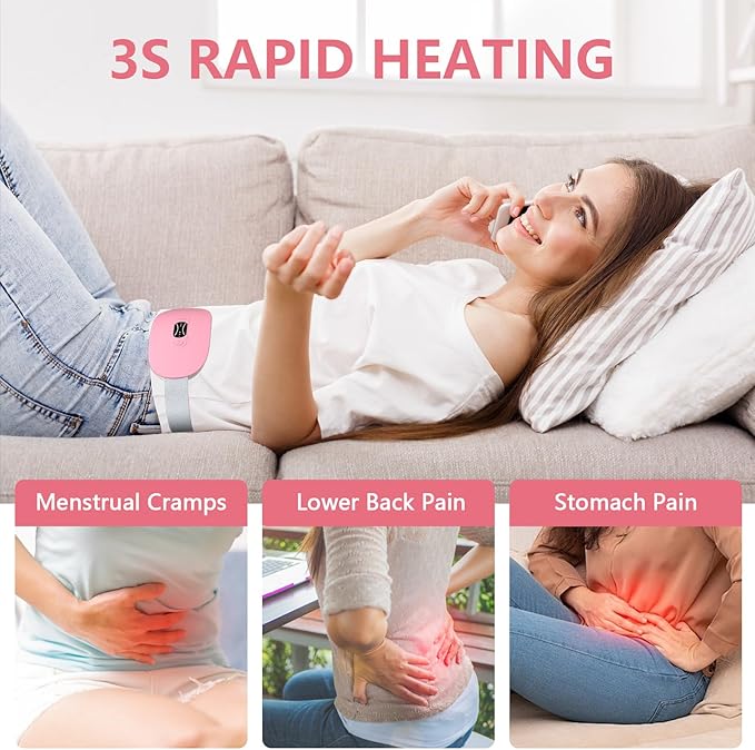 Portable Heating Pad for Period Cramps Cordless Menstrual Heating Pad with 3 Heat Levels and 3 Massage Modes, Birthday Gifts for Women and Girls (Pink)