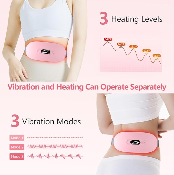 Portable Heating Pad for Period Cramps Cordless Menstrual Heating Pad with 3 Heat Levels and 3 Massage Modes, Birthday Gifts for Women and Girls (Pink)