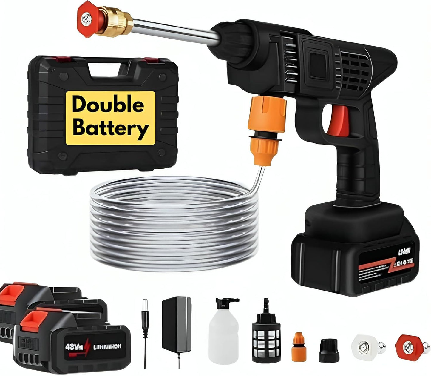 Dual battery Cordless Pressure Washer, 68V Li-ion Battery, 35cm Spray Lance, Portable Water Gun with Foam Bottle and Accessories