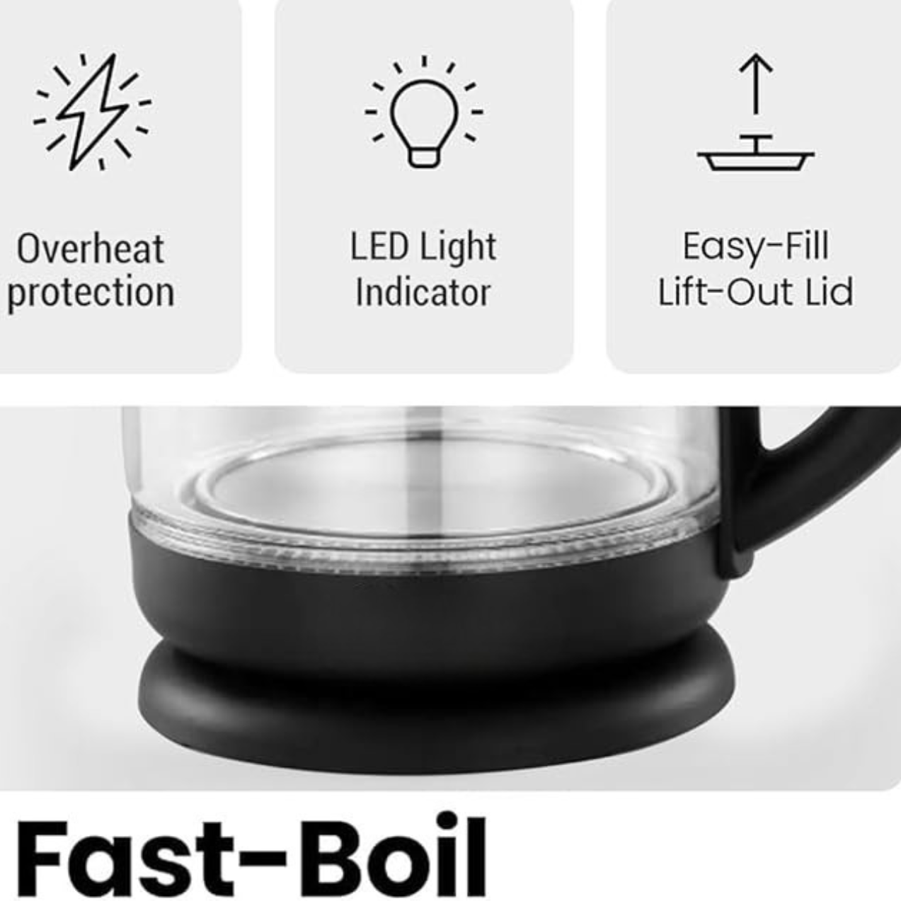 Electric Glass Kettle, 1500W, 1.8L, Strong Glass Body, 360° cordless electric jug, Overheat protection with Automatic cut-off, LED Indicator