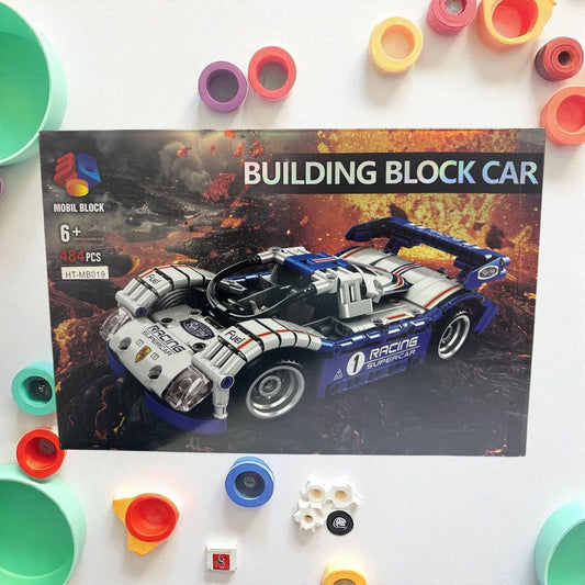 Block Build Racing Car Building Block Set (484 Pieces). Racing Car Building Blocks for Kids and Adults (Blue)