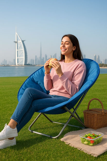 Moon Chair, Foldable Steel Frame, Wide Seat,  Blue